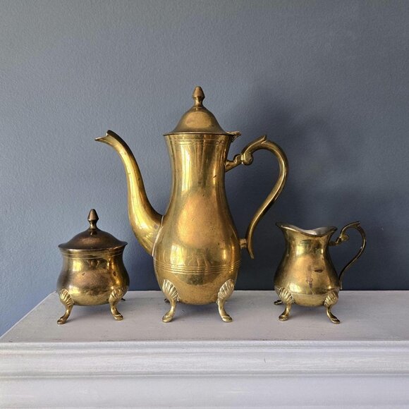 Vintage Brass Coffee Set Tall Pot, Cream & Sugar Dish Made in India Gold Metal - Picture 1 of 10